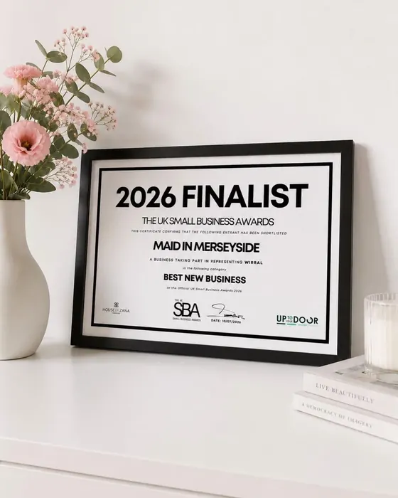 The 2026 UK Small Business Awards finalist certificate for Maid in Merseyside